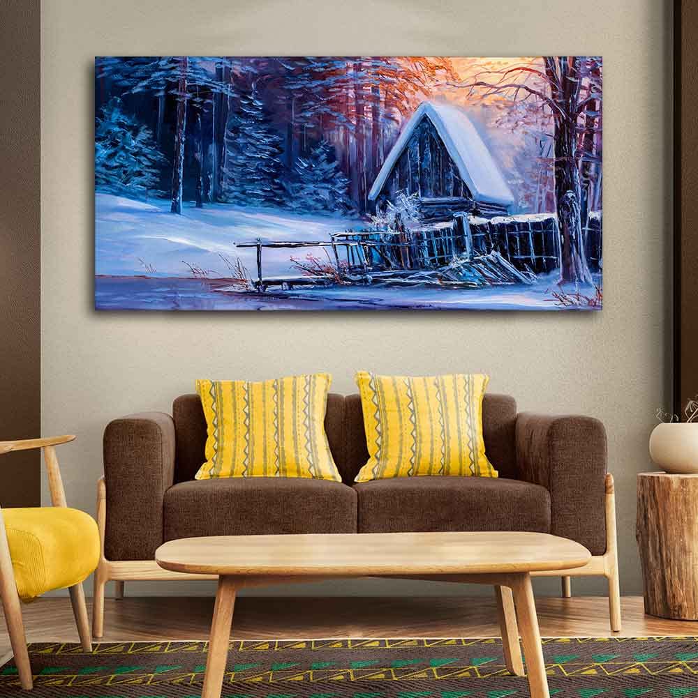 VIBECRAFTS Canvas Paintings for Living Room Drawing Room Beautiful Wall Painting of Old Hut in the Winter Forest Fitted with Wooden Frame for Home|Office|Gift(PTVCH_2288)