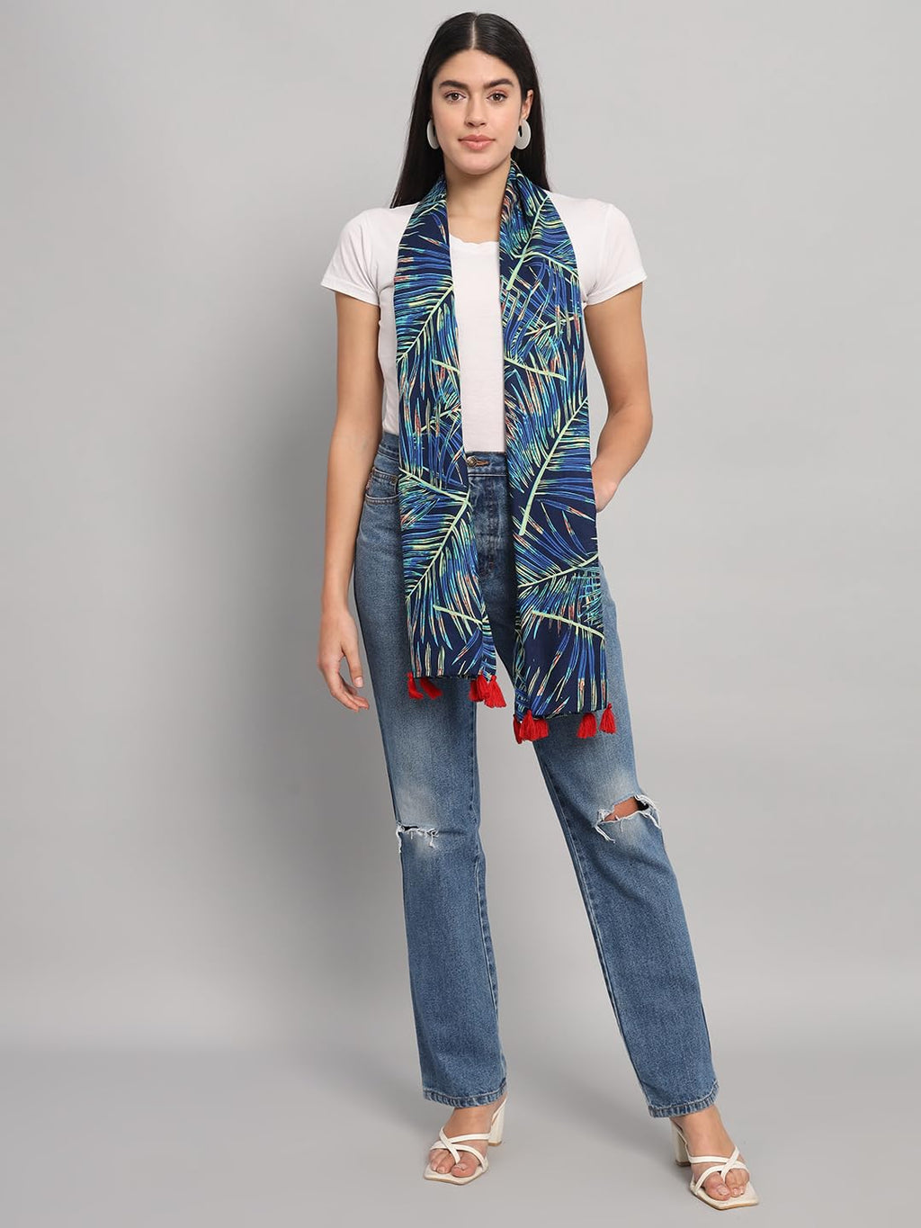 Ravaiyaa - Attitude is everything Women Blue & Green Hand Block Leaf Printed Cotton Tasseled Scarf 71 X 21 Inch