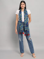 Ravaiyaa - Attitude is everything Women Blue & Green Hand Block Leaf Printed Cotton Tasseled Scarf 71 X 21 Inch