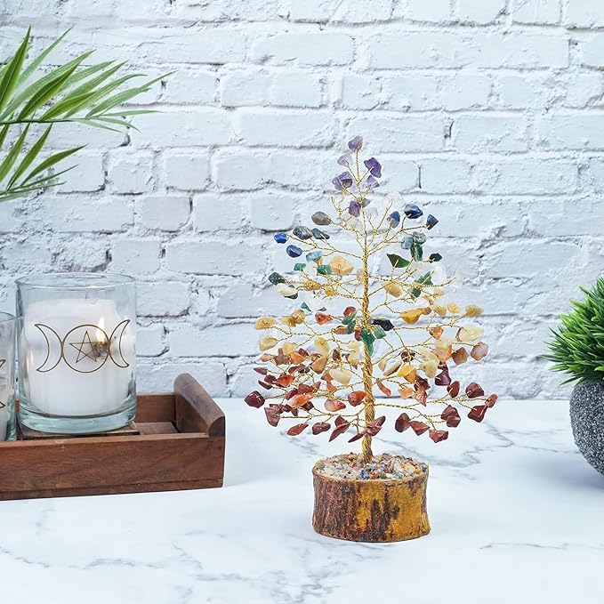 TREE MAISON CORONATING HOMES Crystal Seven Chakra Tree | Size 9-10 Inch Approx | 100 Beads | Multicolor Golden Wire Bonsai Money Tree with Crystals & Gemstones | Perfect Home Décor & Gift Item |