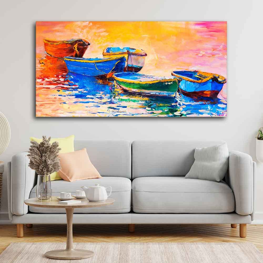 VIBECRAFTS Canvas Paintings for Living Room Drawing Room Canvas Wall Painting of The Colorful Boats in Shades of Sunset Fitted with Wooden Frame for Home|Office|Gift(PTVCH_2263N)(48 x 24 Inches)