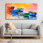 VIBECRAFTS Canvas Paintings for Living Room Drawing Room Canvas Wall Painting of The Colorful Boats in Shades of Sunset Fitted with Wooden Frame for Home|Office|Gift(PTVCH_2263N)(48 x 24 Inches)