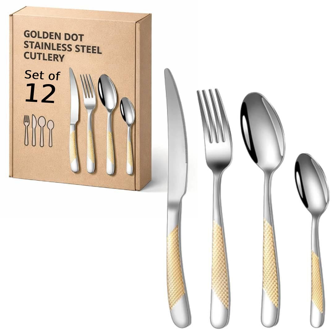 ANH MART Mirror Finish Gold Plated Stainless Steel Flatware Set - Copper Silverware Rose Gold Cutlery [Dinner Fork, Tea Spoon, Salad Spoon, Knife] (Golden DOT, 12)