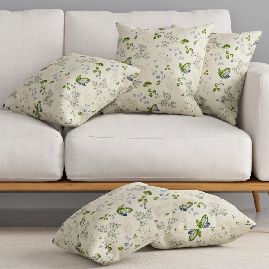 HUESLAND Premium Cotton Cushion Cover 12 inch x 12 inch | Decorative Square Throw Pillow Covers Set for Sofa, Living Room & Bedroom | Set of 5 | Green Leaf Floral