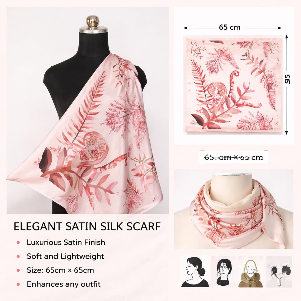 AMN Trendzz Satin Silk Scarf for Women, Stylish Satin Scarf 65×65 cm Square, Scarf for Women Elegant Head and Neck Accessory for Fashion, Travel and Gifting. (Botanical Fern – Pink & Brown)