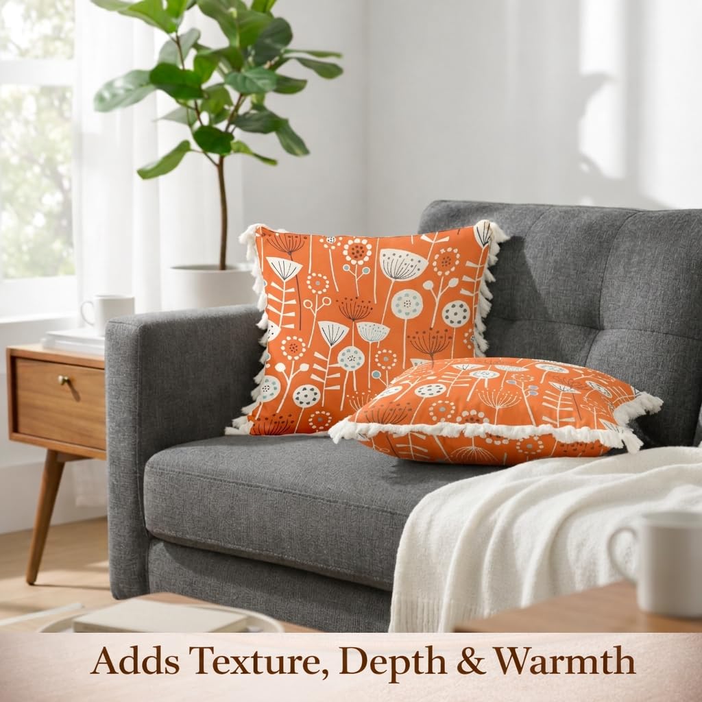 STITCHNEST 'Little Meadow Series' Tassled Cushion Cover | Set of 2 | Floral Cushion Cover 24 inch x 24 inch