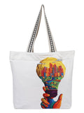 WOTM On The Move Tote | Premium Printed Cotton Canvas Tote Bag with Zipper & Inside Pocket, Stylish Everyday Travel Bag for Work, College, Office, Travel, Shopping (Save Electricity)