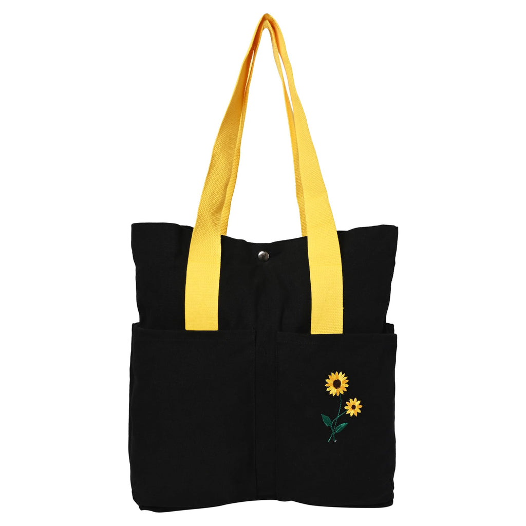 NECAVU Canvas Tote Bag for Women | Aesthetic Canvas College Bag for Girls with Inner & Outer Pockets | Cotton Utility Women Handbags for Shopping, Travel & Daily Use | (Black, Yellow Handle)