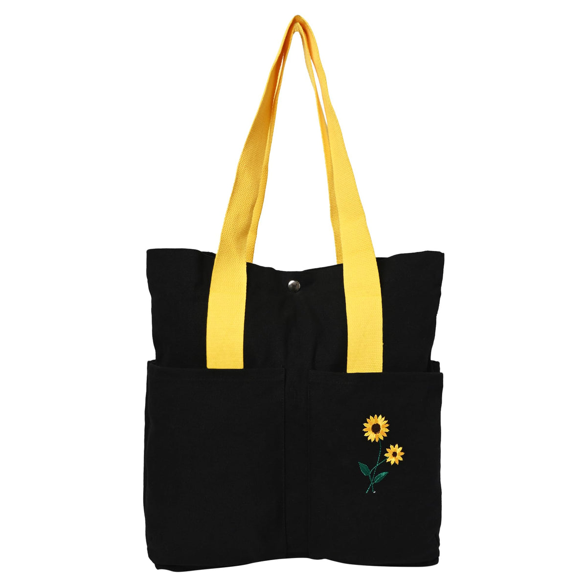 NECAVU Canvas Tote Bag for Women | Aesthetic Canvas College Bag for Girls with Inner & Outer Pockets | Cotton Utility Women Handbags for Shopping, Travel & Daily Use | (Black, Yellow Handle)