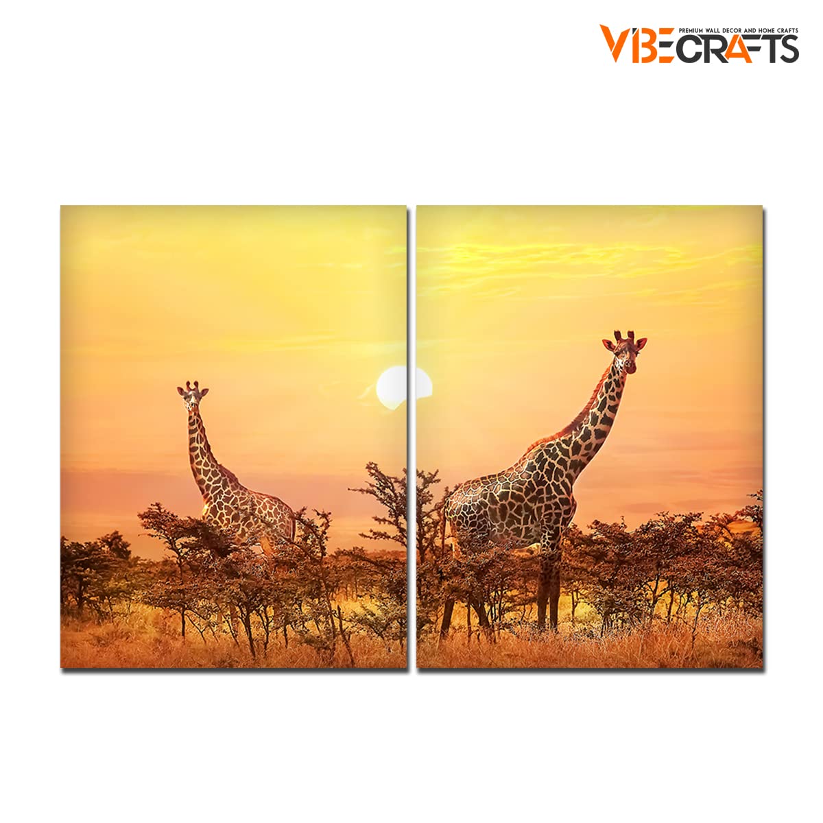 VIBECRAFTS 2 Pieces Giraffes In Sunset Canvas Wall Painting Fitted With Wooden Frame For Home | Office | Living Room | Gifts(PTVC2Pcs1_17501)