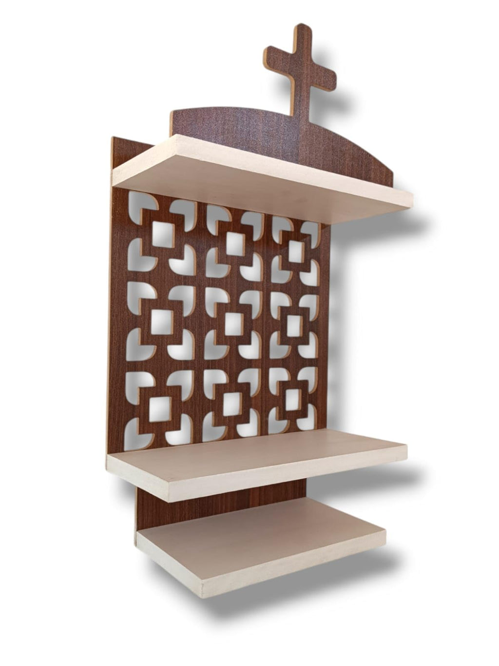 Antique Wooden Christian Jali Temple, Wall Mount Wooden Cross Temple, Home and Office Wall Mount Temple, God Wooden Prayer Temple, Jesus Cross Temple, Brown and White Wall Mount Home Decor Temple