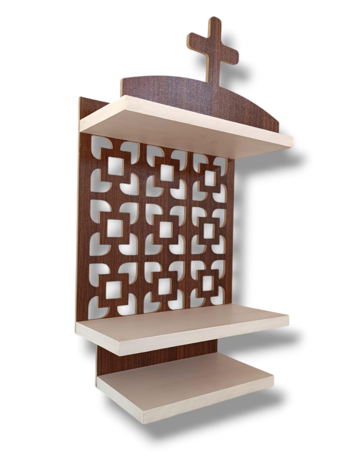 Antique Wooden Christian Jali Temple, Wall Mount Wooden Cross Temple, Home and Office Wall Mount Temple, God Wooden Prayer Temple, Jesus Cross Temple, Brown and White Wall Mount Home Decor Temple