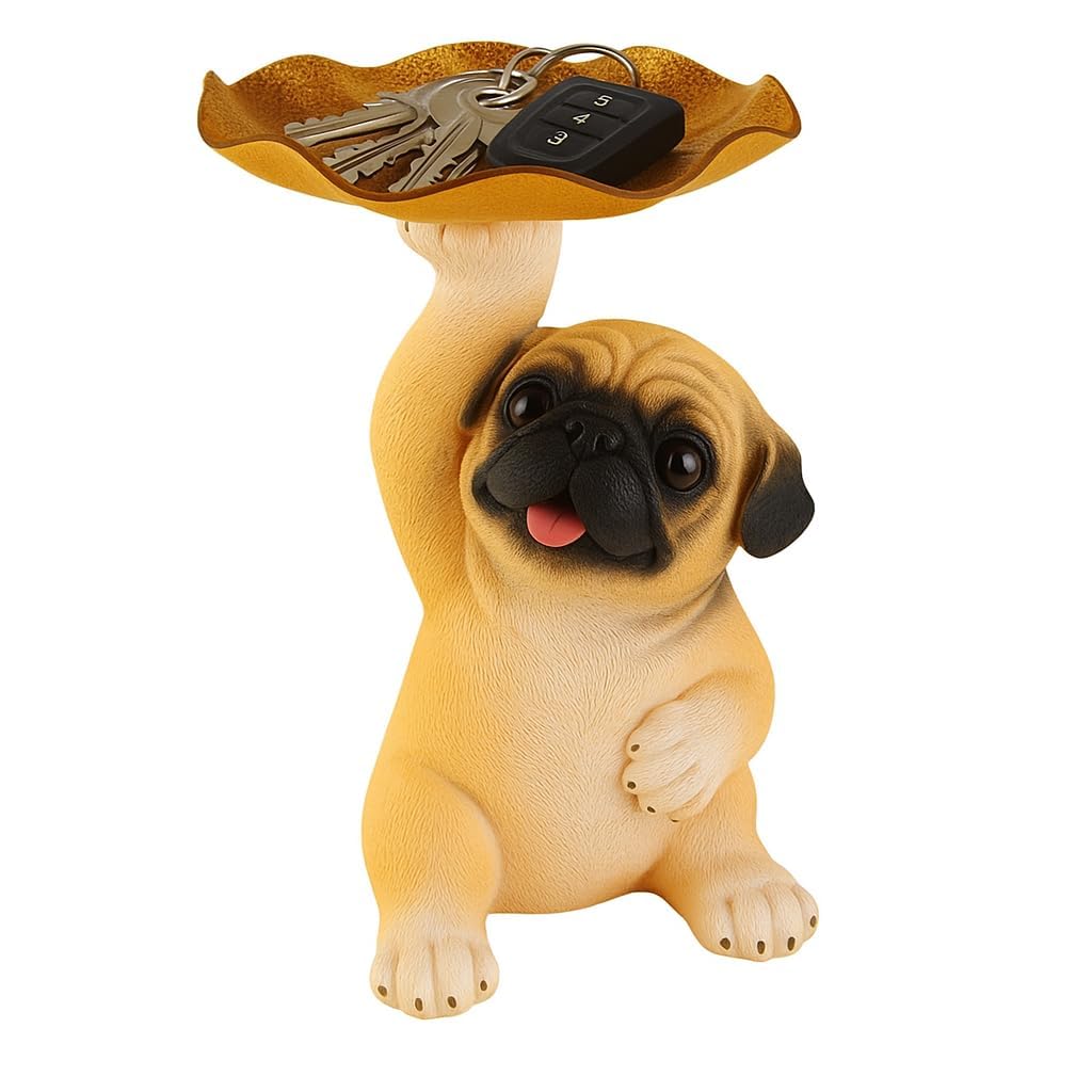 SHIMATI Cute Dog Statue with Key Holder Bowl, Resin Pug Figurine Candy Dish & Jewelry Trays, Creative Entryway Table Keys Storage Organizer Sculpture for Home Office Desk Decor (Pack of 1)