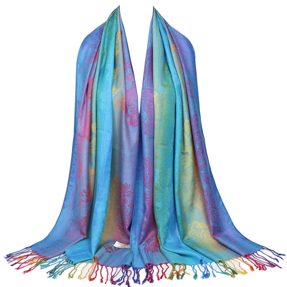 Fashion Colorful flowers Jacquard cotton pashmina Women Wrap Shawl tassels Scarves 75 x 27.5 (THM08-02)