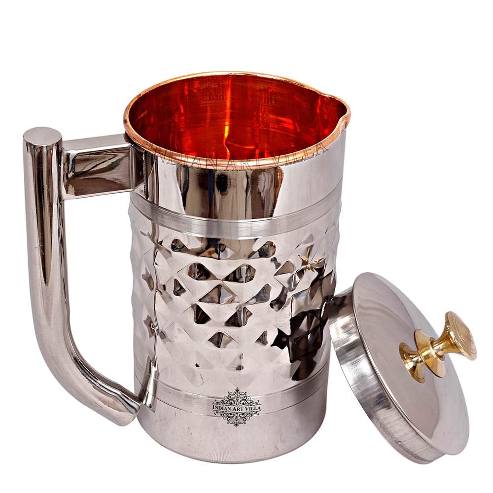 Indian Art Villa Diamond Hammered Steel Copper Jug Picther with Brass Knob, Serveware, 1500 ML