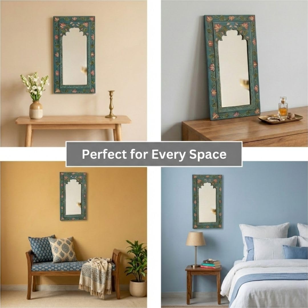 ATRANGI STUDIO Midnight Blue Handpainted Wooden Mirror | Handcrafted Arch Design with Floral Motifs | Rajasthani Traditional Jharokha Style Mirror | Framed Wall Hanging for Home, Bedroom |18x9.5 Inch