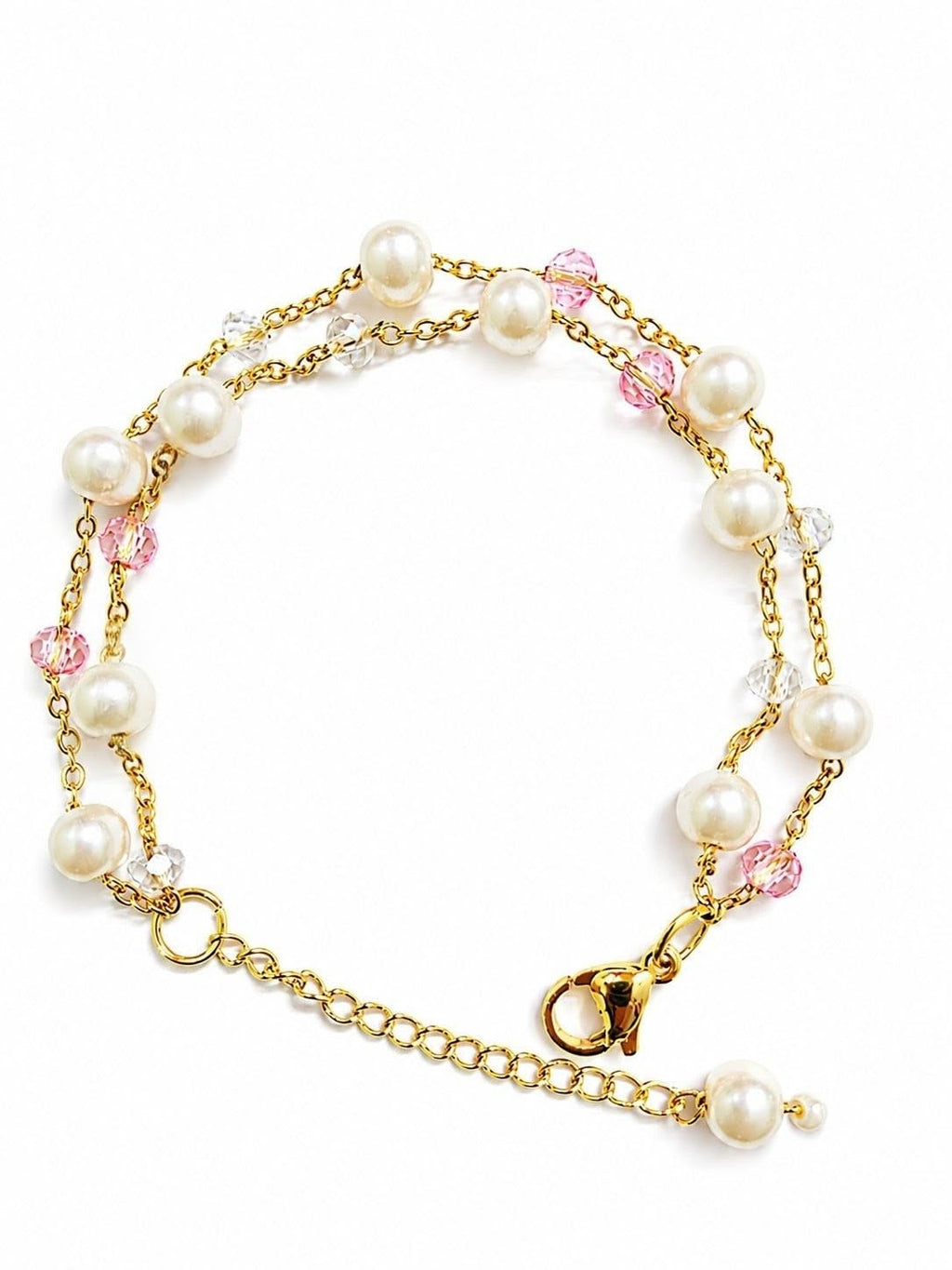 Zewelic Handmade Pearl & Pink Crystal Adjustable Bracelet for Women | White Pearl Gold Plated Anti Tarnish Lightweight Bracelet | Korean Style Jewelry | Perfect for Western & Traditional | Gift for Girls & Women