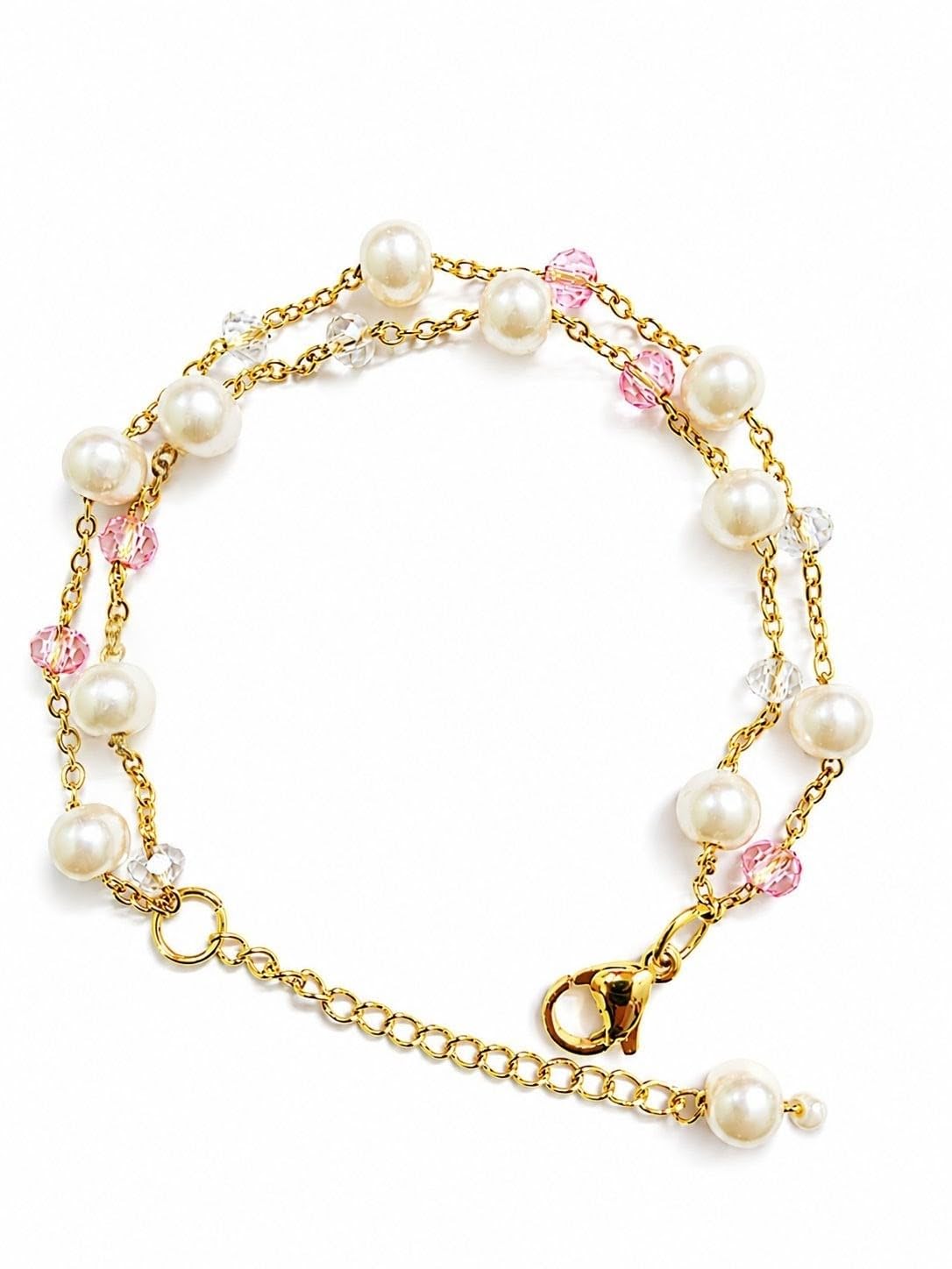 Zewelic Handmade Pearl & Pink Crystal Adjustable Bracelet for Women | White Pearl Gold Plated Anti Tarnish Lightweight Bracelet | Korean Style Jewelry | Perfect for Western & Traditional | Gift for Girls & Women