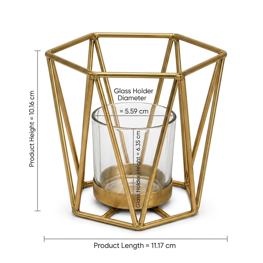 Stelluxe Geometric Gold Tealight Candle Holder with Glass Votive Cup, Modern Metal Lantern Style Candle Stand, Decorative Table Centerpiece for Home Decor, Wedding, Festival and Gift