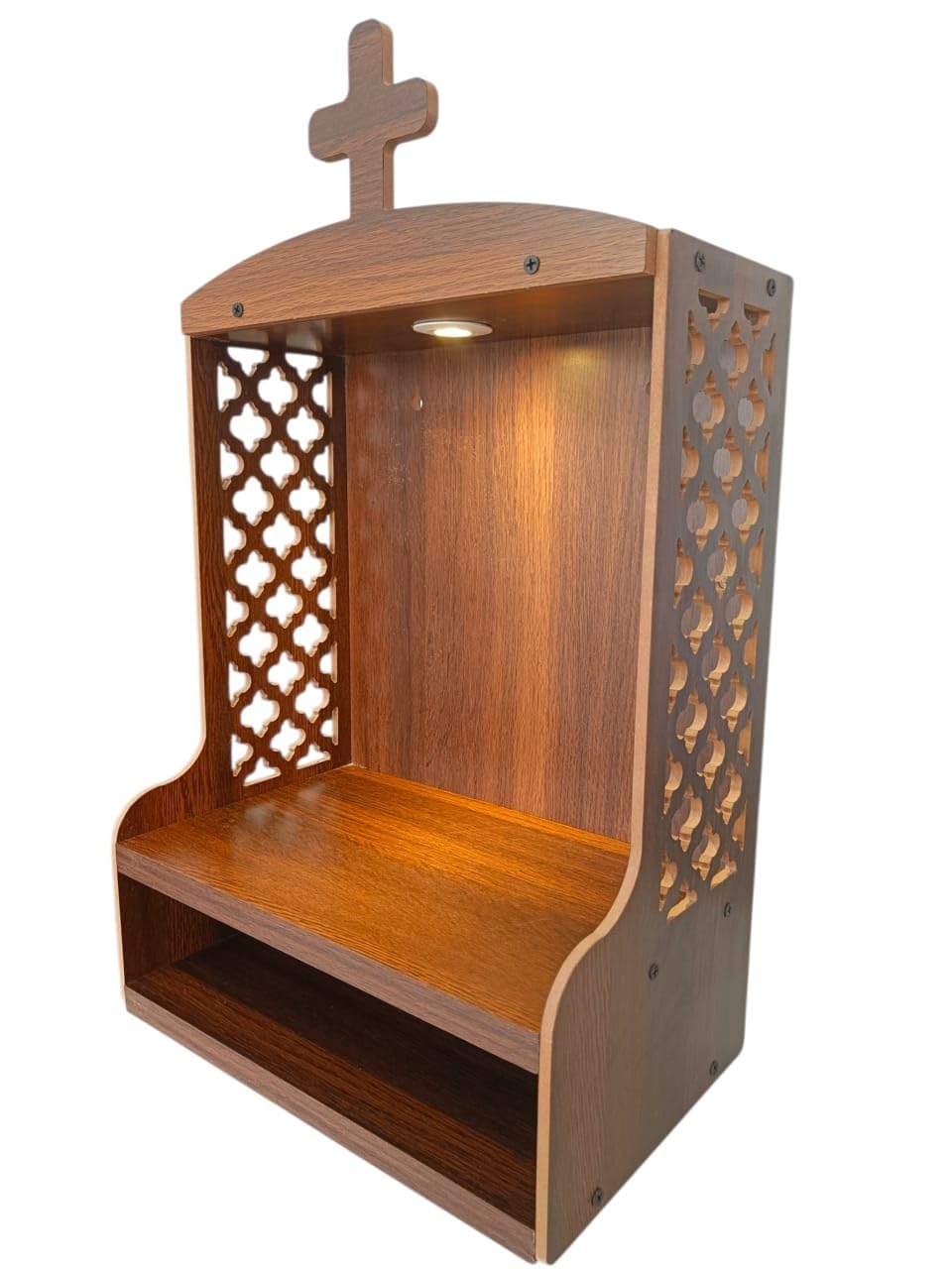 Wooden Wall Mounted Home Temple with 2W LED Light, Warm White, Prayer Shrine with Cross, Decorative Lattice Design, Storage Shelf, Brown Finish