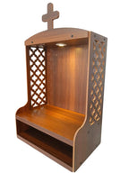 Wooden Wall Mounted Home Temple with 2W LED Light, Warm White, Prayer Shrine with Cross, Decorative Lattice Design, Storage Shelf, Brown Finish