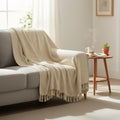 WEAVERS HUT Cotton Handloom Waffle Throw Blanket for Sofa & Bed | Soft Lightweight Beige Decorative Throw with Tassels | All-Season Couch & Bed Throw (125×150 cm) Kafalo