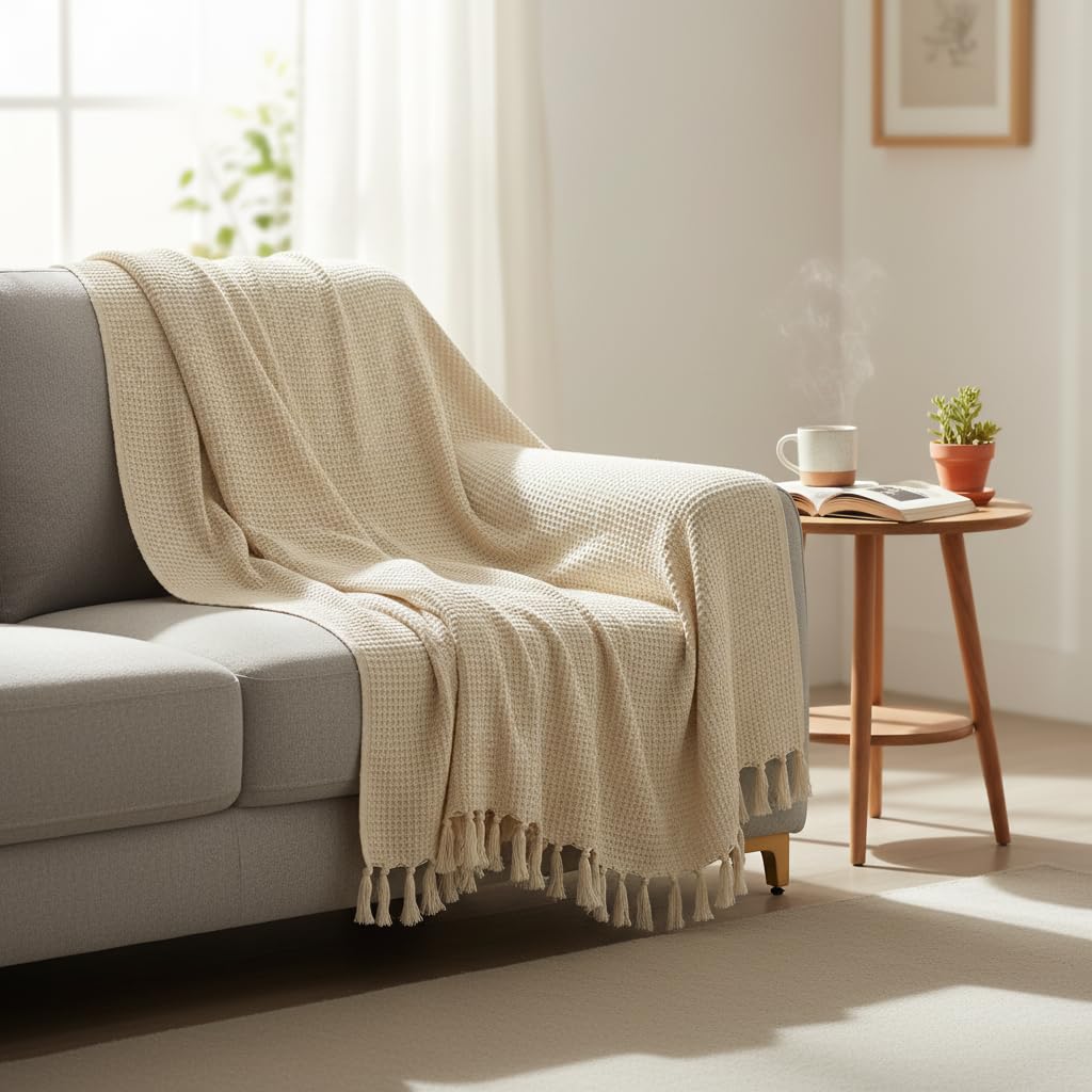 WEAVERS HUT Cotton Handloom Waffle Throw Blanket for Sofa & Bed | Soft Lightweight Beige Decorative Throw with Tassels | All-Season Couch & Bed Throw (125×150 cm) Kafalo