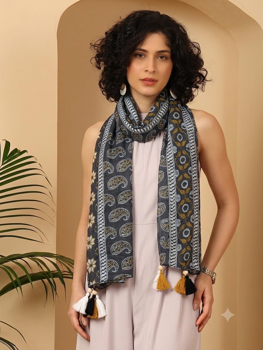 tweedle Pure Cotton Summer Scarf for Women,soft, Printed, Breathable Stole for Sun and Wind Protection - Black/Mustard