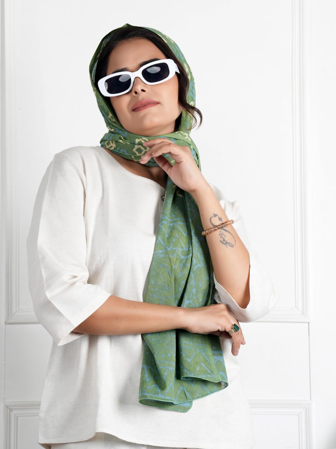 RAI SAHAB Printed Cotton Scarf for Women, Lightweight Soft Scarves Stoles for Summer & Winter(ST-79GRN10)
