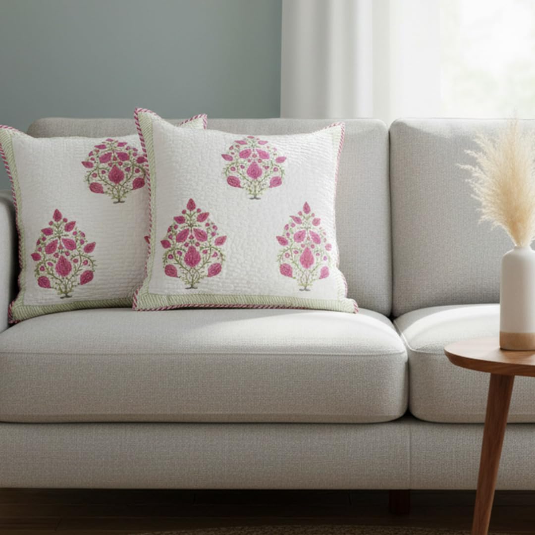 HOMEMONDE Quilted 24 X 24 Inches Soft Throw Cushion Cover - Pack of 2 Jaipuri Hand Block Print Cotton Pillow Covers, Pink, 300 TC