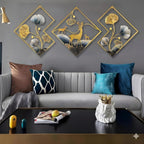 Mahira Artefacts 3D Metal Wall Art Set of 3, Golden & Blue Ginkgo Leaf and Deer Design, Geometric Diamond Sculptures for Living Room, Bedroom