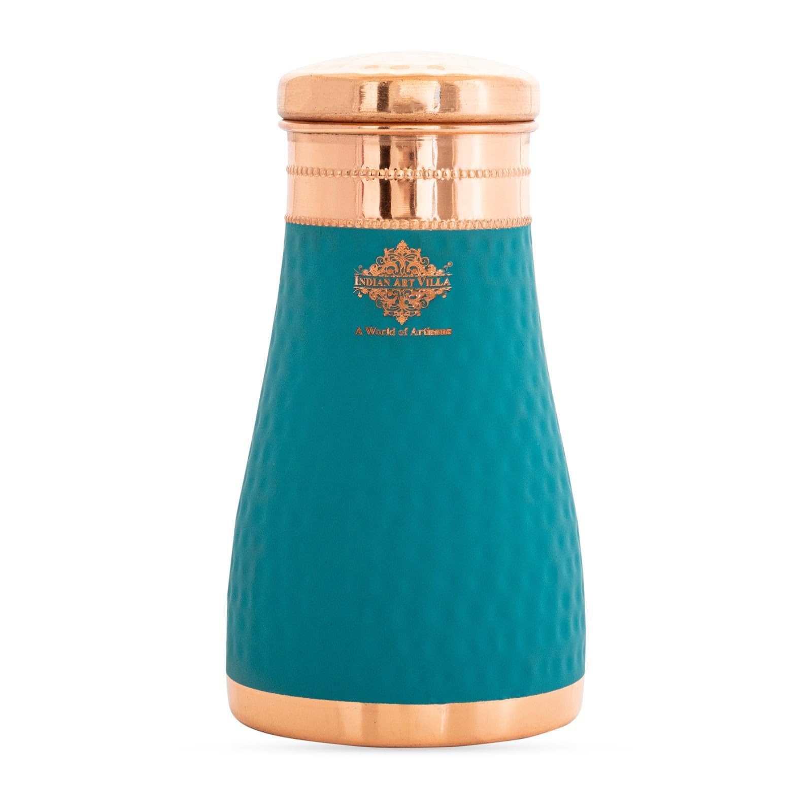 INDIAN ART VILLA Copper Hammered Sky Blue Silk Finish Bedroom Bottle with Inbuilt Glass, 600 ML, Health-Boosting Water Bottle, Ideal for Home, Office, Travel, and Gifting