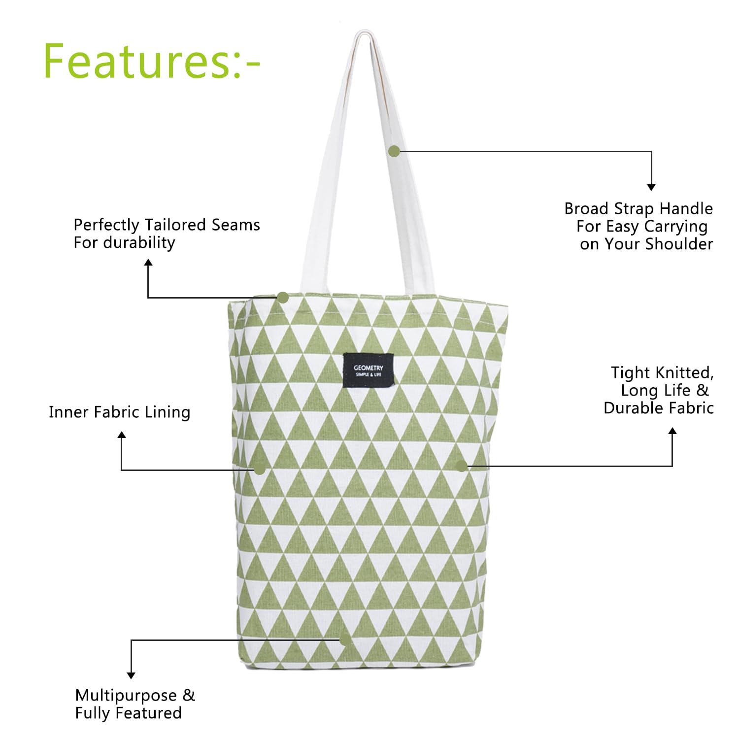 Wearslim® Premium Cotton Grocery Tote Bag, Printed Large Utility Shopping Bags, Stylish Reusable Hand Bag - White & Green (16.5 x 14.5Inch)