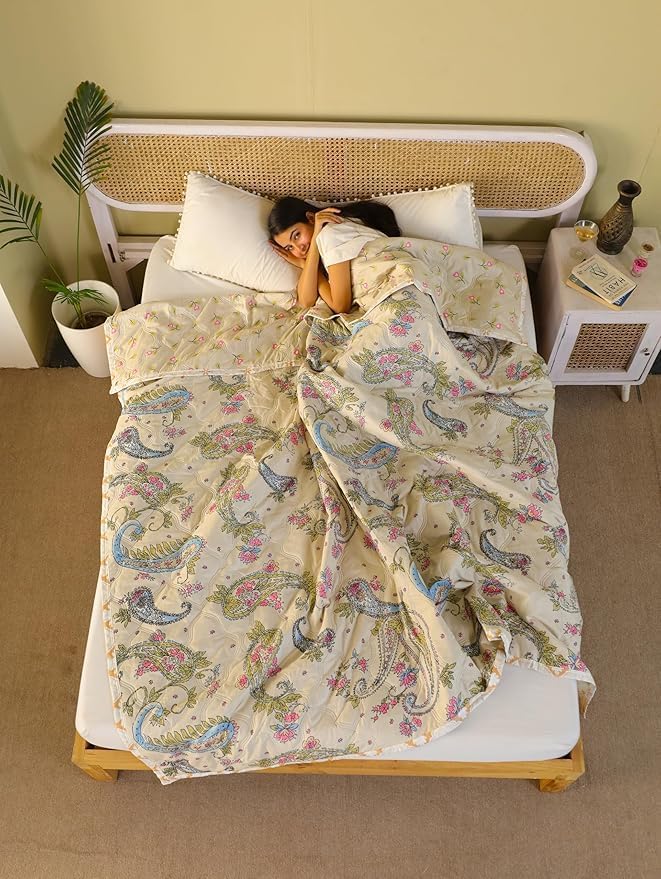 Summer Blanket 100% Cotton Reversible Ac Comforter and Cooling | Classic Printed Design | Quilt | Dohar Single/Double Bed Quilt Ideal for Gifting (Curry Floral Design, Single BE) Kafalo