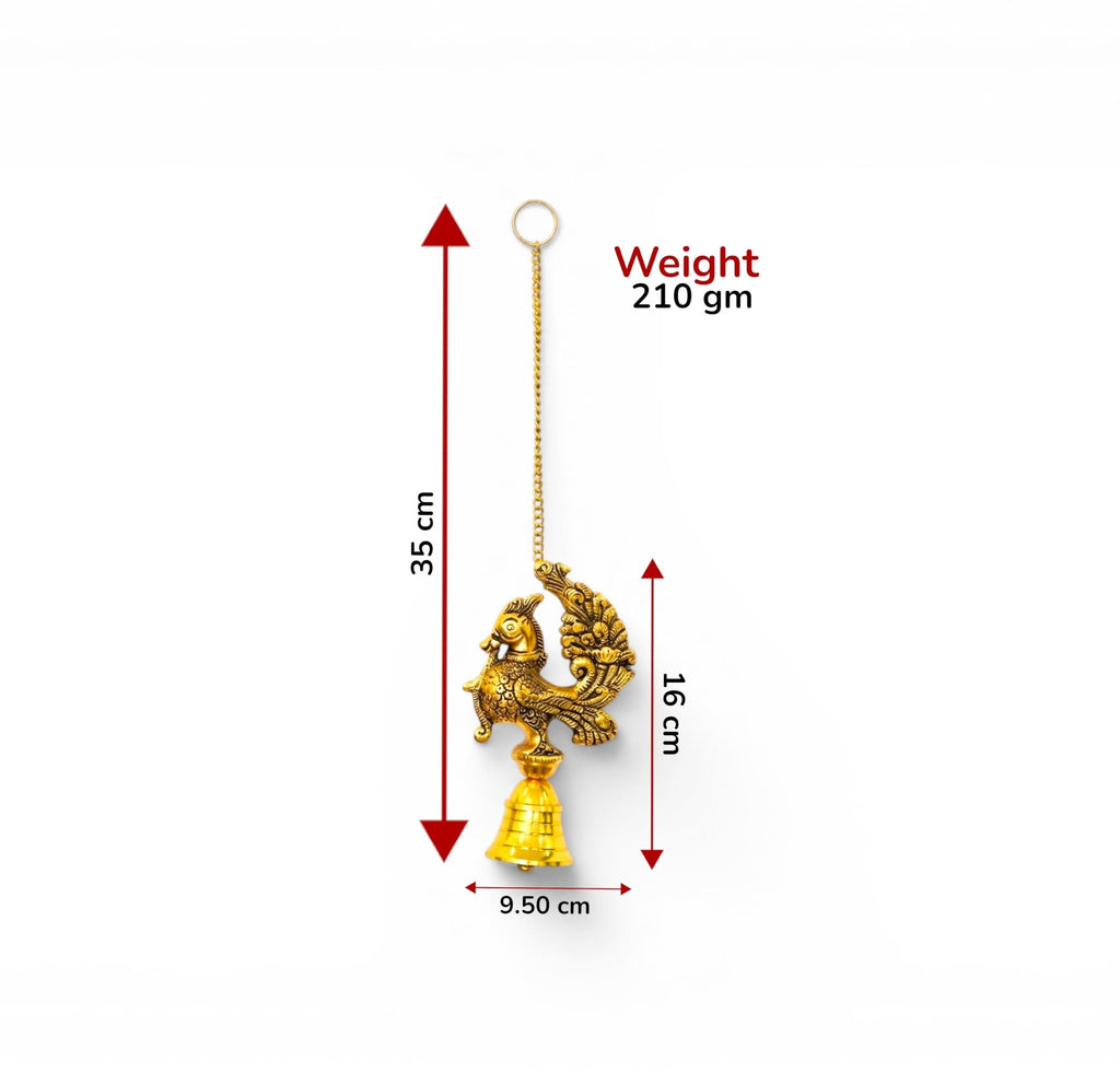 KridayKraft Decorative Peacock Design Hanging Bell for Home Decor, Antique Gold Finish Metal Door Hanging, Spiritual Wall Hanging for Living Room, Entrance & Temple - 35 cm Length