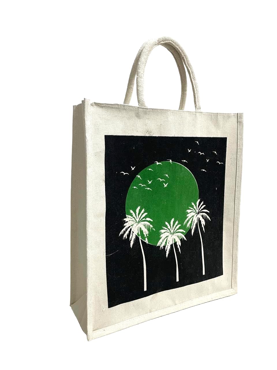 Jute Club Printed Canvas Bag|Shopping|Office|Tiffin| Multipurpose|Eco Friendly with Zipper lock|Spacious|100% Organic Cotton Tote with Lamination-14 X16 X5 (5Pc, Green Moon)