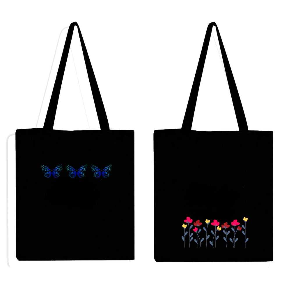 Peach Blossom Reusable Zipper With Pouch Tote Bags, 100% Cotton Shopping/Grocery Bag, Multi-Purpose Bag 5kgs Capacity, 2 Pack (BlkLineFlow_BlackButterfly)