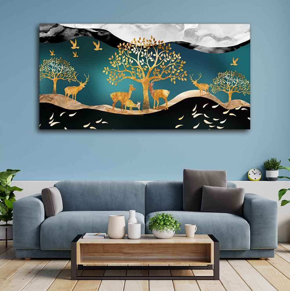 VIBECRAFTS Canvas Paintings for Living Room Drawing Room Canvas Wall Painting of Golden Trees with Birds And Deer Fitted with Wooden Frame for Home|Office|Gift(PTVCH_2300NN)