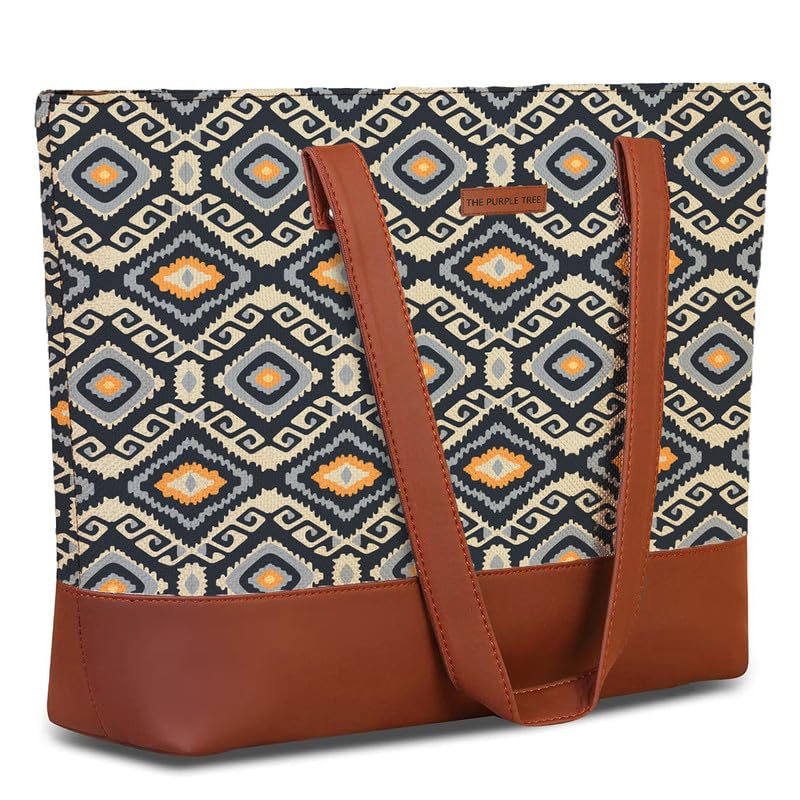 Purple Tree Handcrafted Women's Tote with Vegan Leather Handles, Ikat Print Shoulder Bag for Office and College, Oversized Bag (Pack of 1)