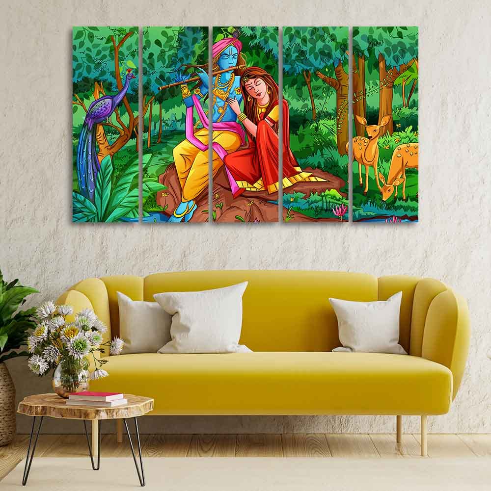 VIBECRAFTS Radha Krishna in Forest Wall Painting Set of Five Pieces For Home|Office|Living Room|Gift (PTVC5Pcs4_8650)