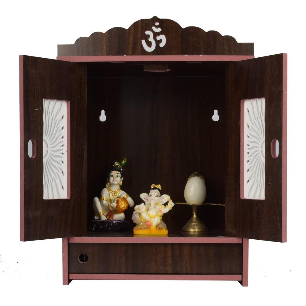 nexat Handmade Wooden Home Temple Without Doors Craving Temple - (DM-Medium- 13x10.5x11 Inch) (maroon-512)
