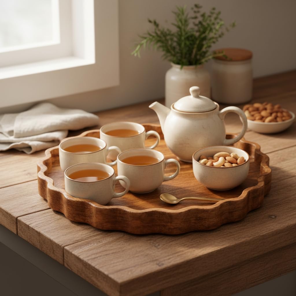 BAUZINI Round Wooden Serving Tray, 11 Inch Acacia Wood Decorative Platter, Handmade Wooden Tray for Tea, Coffee Table, Kitchen, Dining Table, Ottoman, Breakfast & Home Decor