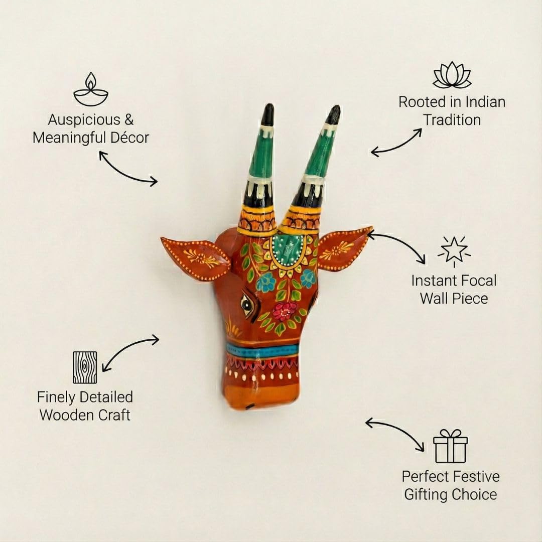 ATRANGI STUDIO Handpainted Wooden Cow Head Wall Decor | Ethnic Wall Art | Symbol of Prosperity | Wall Hanging for Home, Temple & Puja Room | Ready to Hang | 12 Inch, Orange