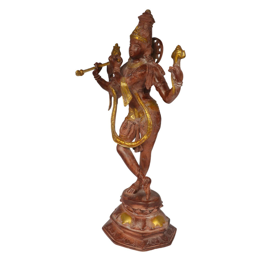 ARTVARKO Brass Krishna Bhagwan Murti -18 Inches Kishan Idol Statue for Home Mandir Office Temple Marriage Gift (Rare Gold Antique Dust Finish)