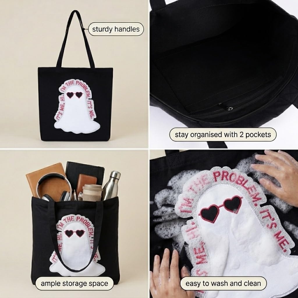 MASQ Premium ToteBag for Women with Zipper | Embroidered Foldable Shoulder Bag with Multiple Pockets | Spacious Handbag for College & Office | Eco-Friendly & Reusable (Tote_Bag_Anti_Hero)