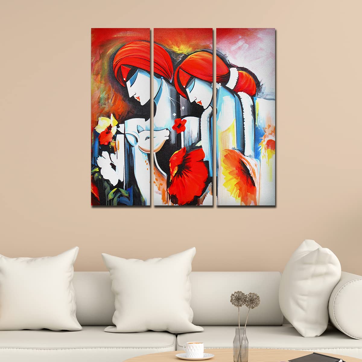VIBECRAFTS Shri Radha Krishna 3 Pieces Canvas Wall Painting Fitted With Wooden Frame For Home | Office | Living Room | Gifts (PTVC3Pcs1_9535)