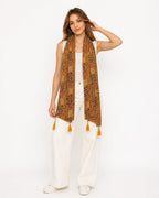 Women's Printed cotton Scarf with Tassels, Lightweight Boho Stole, 180x50 cm, All Seasons (mustard)