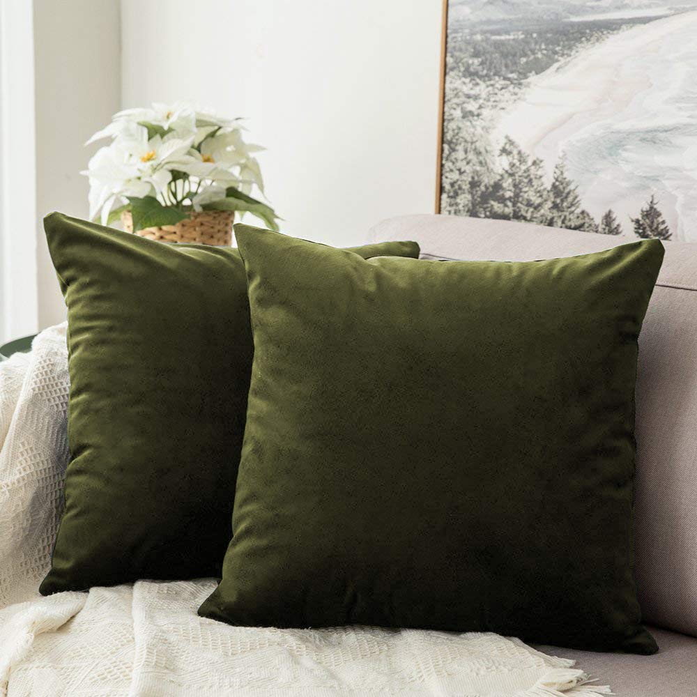 Khooti Velvet Cushion Cover, 24x24 | Mehandi | Pack of 3 | Solid Plain Soft & Smooth, Decorative Cushion Covers for Living Room, Bedroom, Couches, Chairs, Sofas, Beds & Home Decor