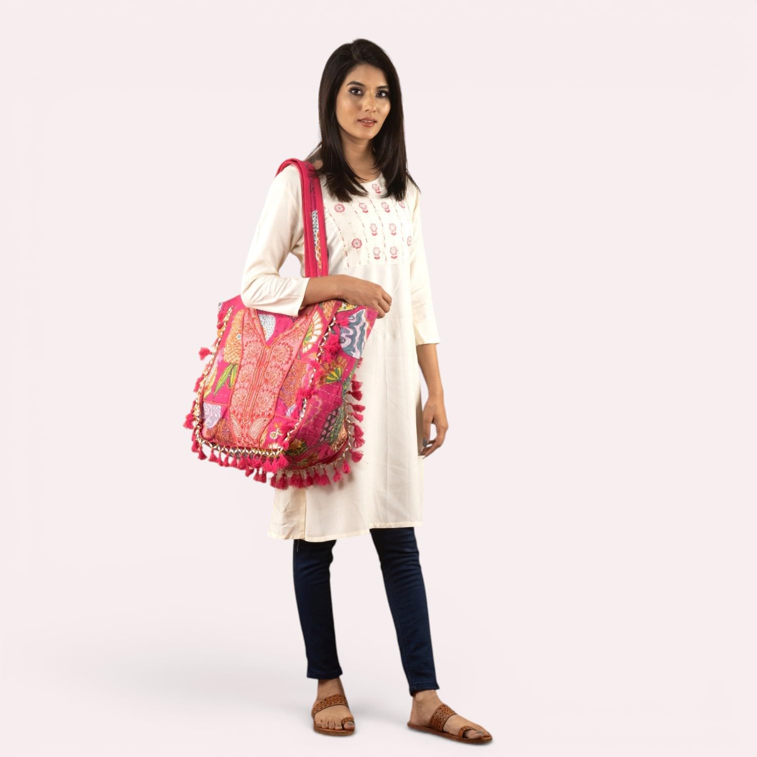 PREET GALLERY Handmade Cotton Patchwork Tote Bag, Multicolour, Double Handle|Women's Shoulder Bag, Pure Cotton Tote Bag, Handmade Patchwork Design (Ruby Red Multicolor)