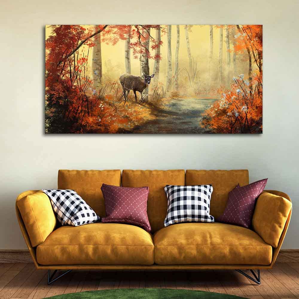 VIBECRAFTS Canvas Paintings for Living Room Drawing Room Beautiful Scenery Deer In Forest Premium Canvas Big Wall Painting Fitted With Wooden Frame for Home | Office | Gift (PTVCH_2337N)